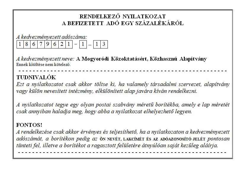 Adó 1% Rendelkezés A Mogyoródi Közoktatásért, közhasznú Alapítvány részére
